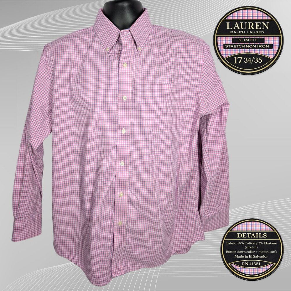 Lauren Ralph Lauren Slim Fit Stretch Non Iron Shirt 17 34/35 Pink Blue Check